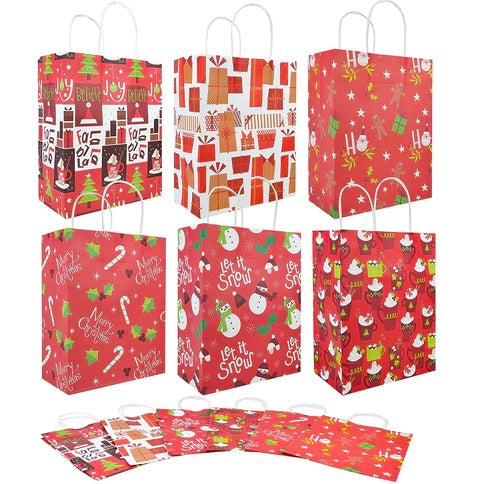 Christmas Red Themed Kraft Paper Gift Bags, 36 Pcs