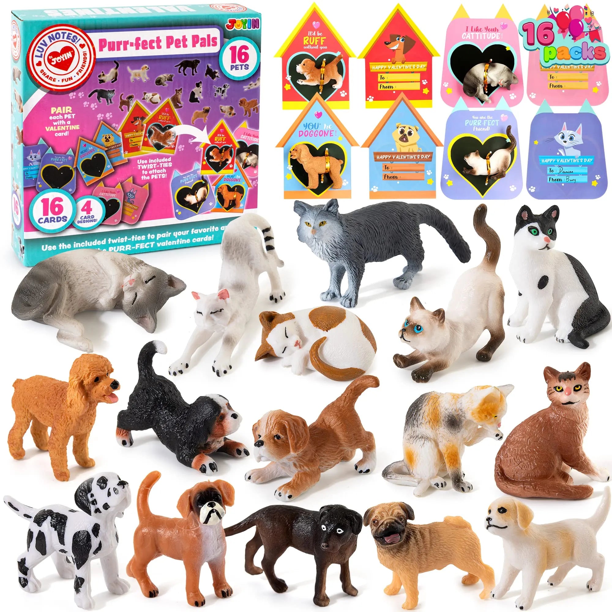 16Pcs Kids Valentines Cards with Dog and Cat Figure Toys-Classroom Exc