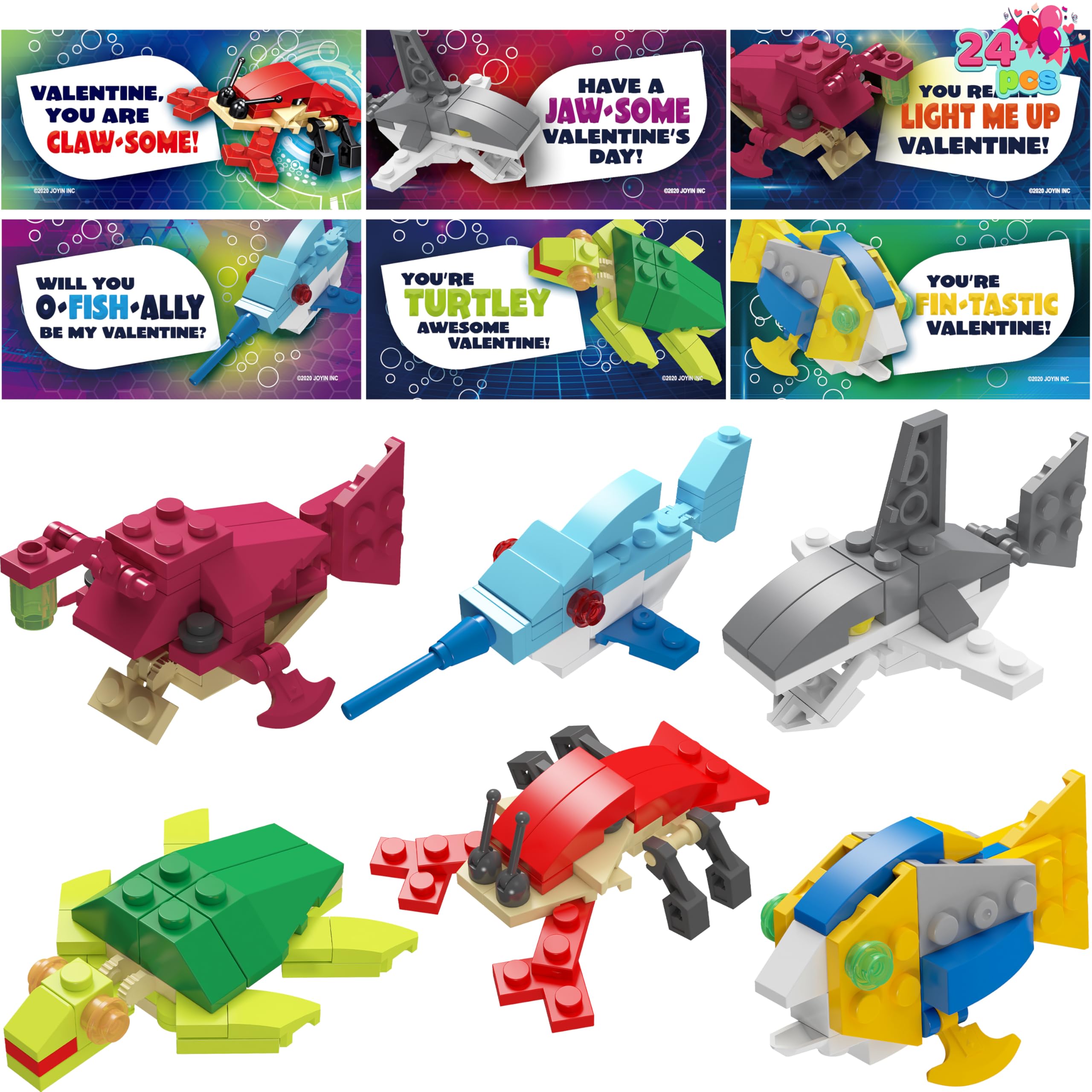 24 Packs Valentines Day Cards with Sea Animal Building Blocks for