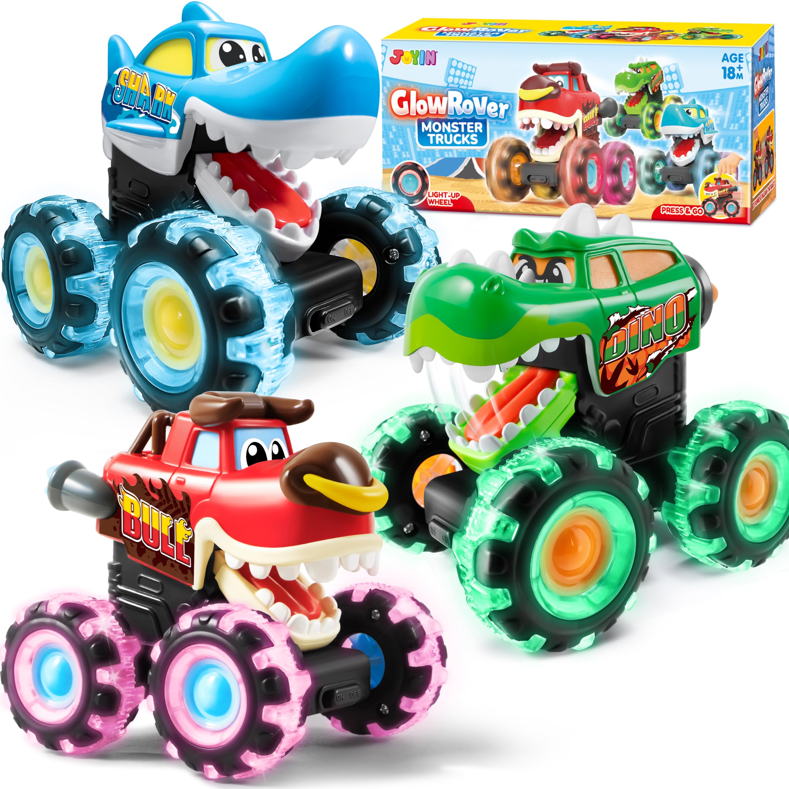 JOYIN 3 Pack Monster Truck Toy - Motion Activated Light Up Cars