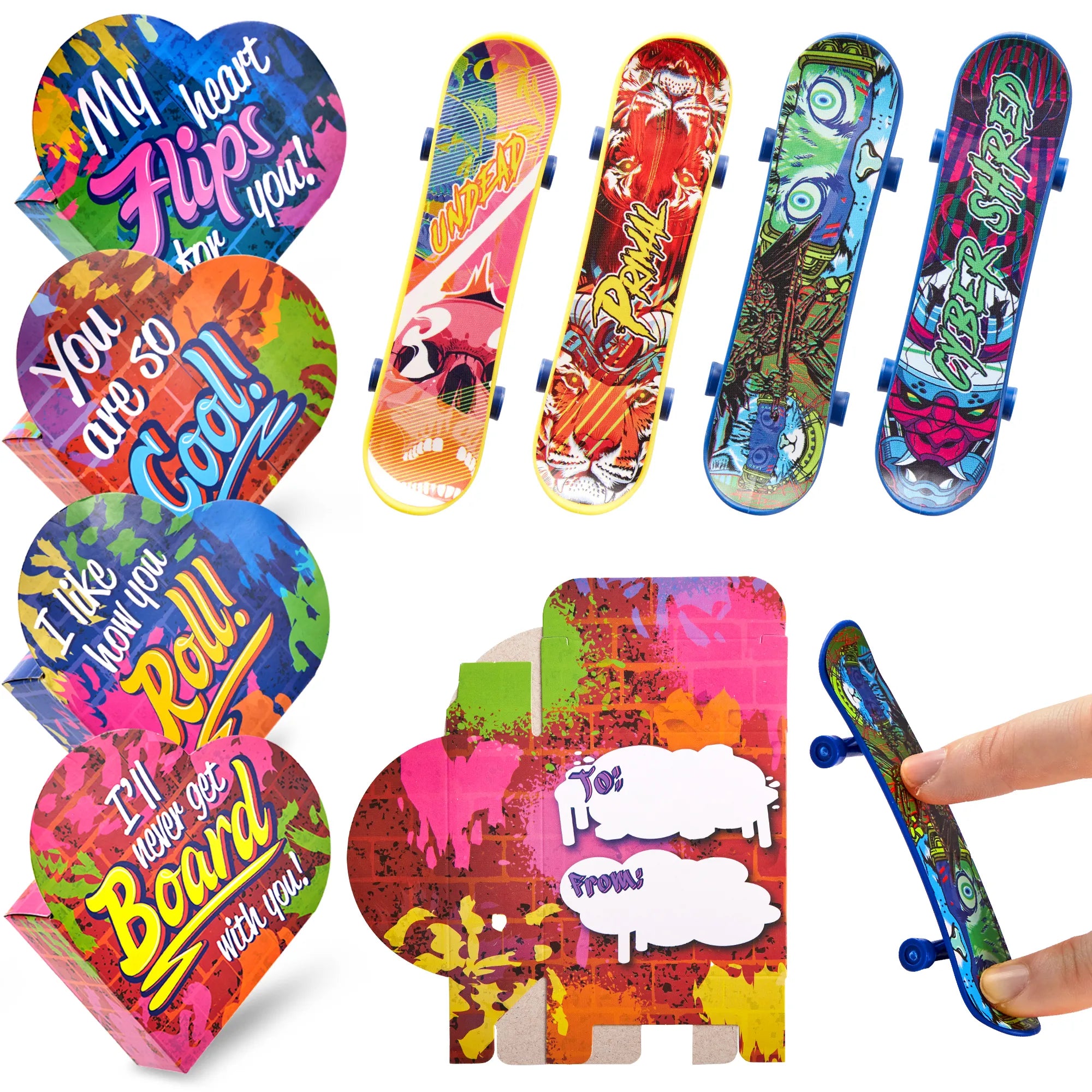 28Pcs Mini Skateboards in Boxes with Kids Valentines Cards for Classro