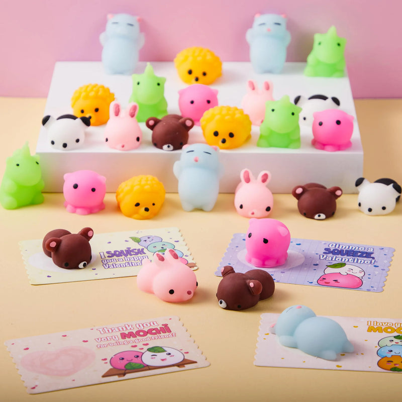28Pcs Mochi Squishy Toys with Kids Valentines Cards for Classroom Exchange