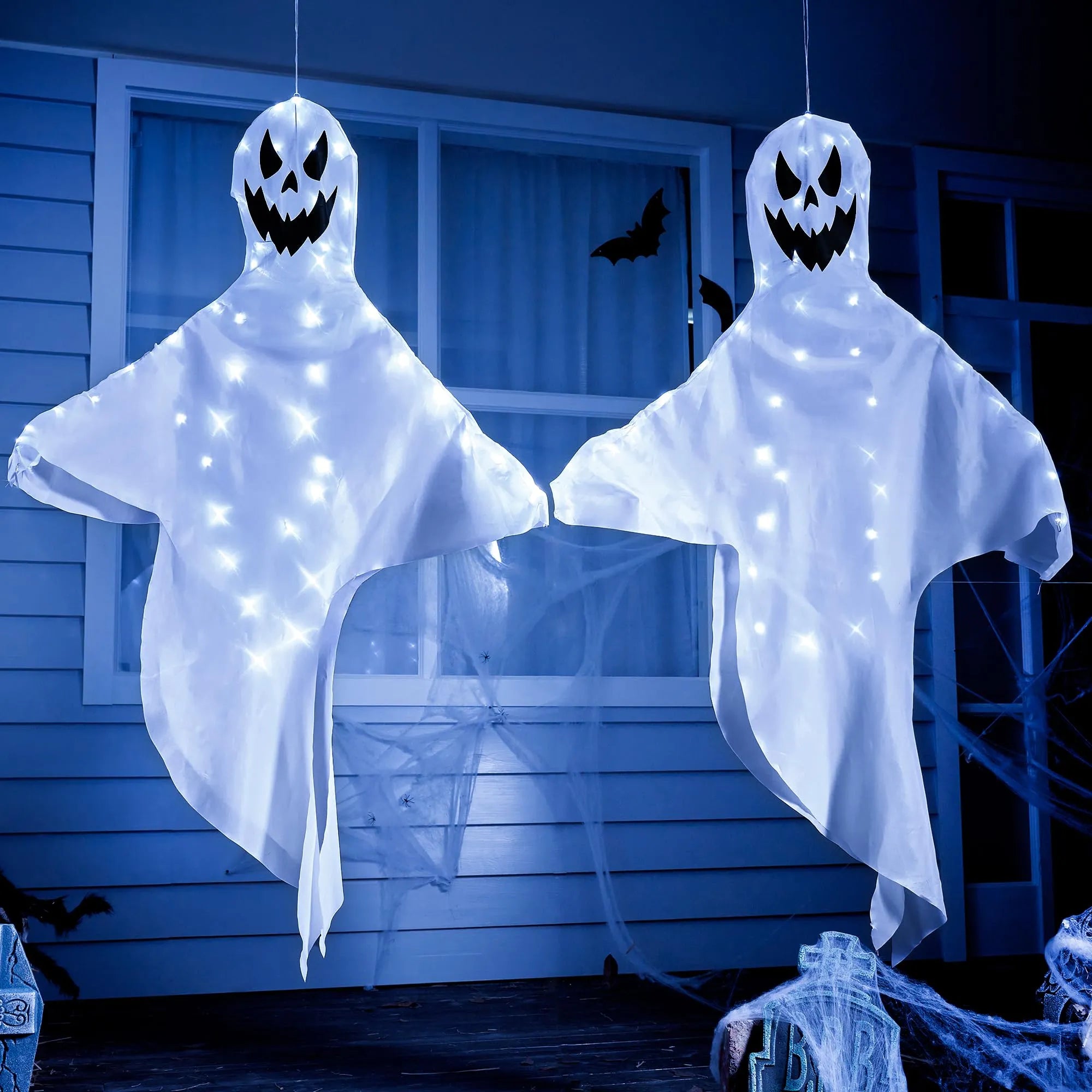 2 Pack 55in Halloween Light Up Windsock Hanging Ghost with 80 White Li