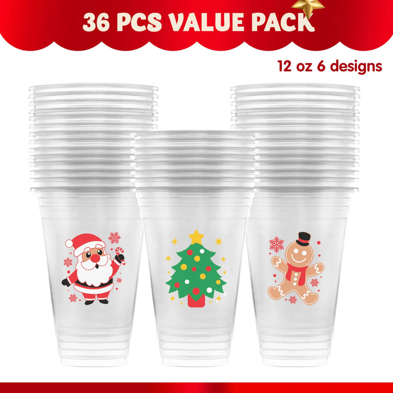 36Pcs 12oz Merry Christmas Disposable Clear Plastic Coffee Cups