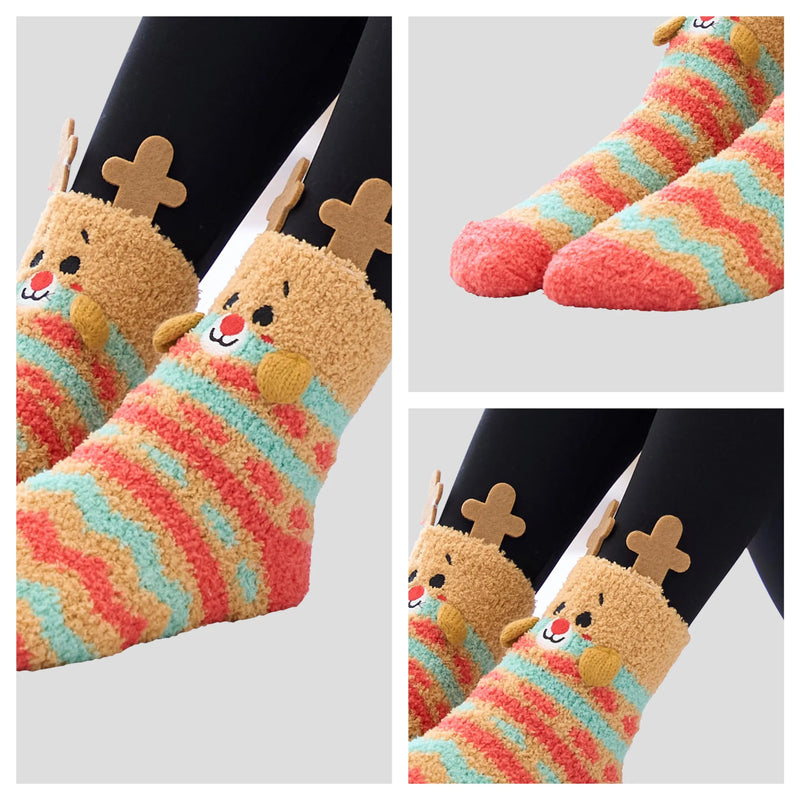 6 Packs Women Fuzzy Slipper Socks, Christmas Soft Premium Fleece Crew Socks