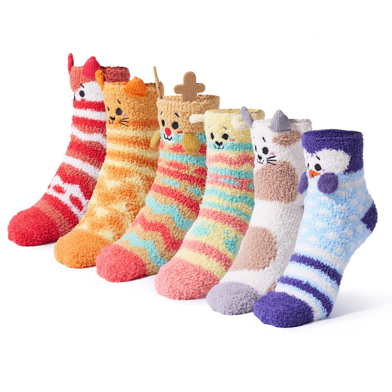 6 Packs Women Fuzzy Slipper Socks, Christmas Soft Premium Fleece Crew Socks