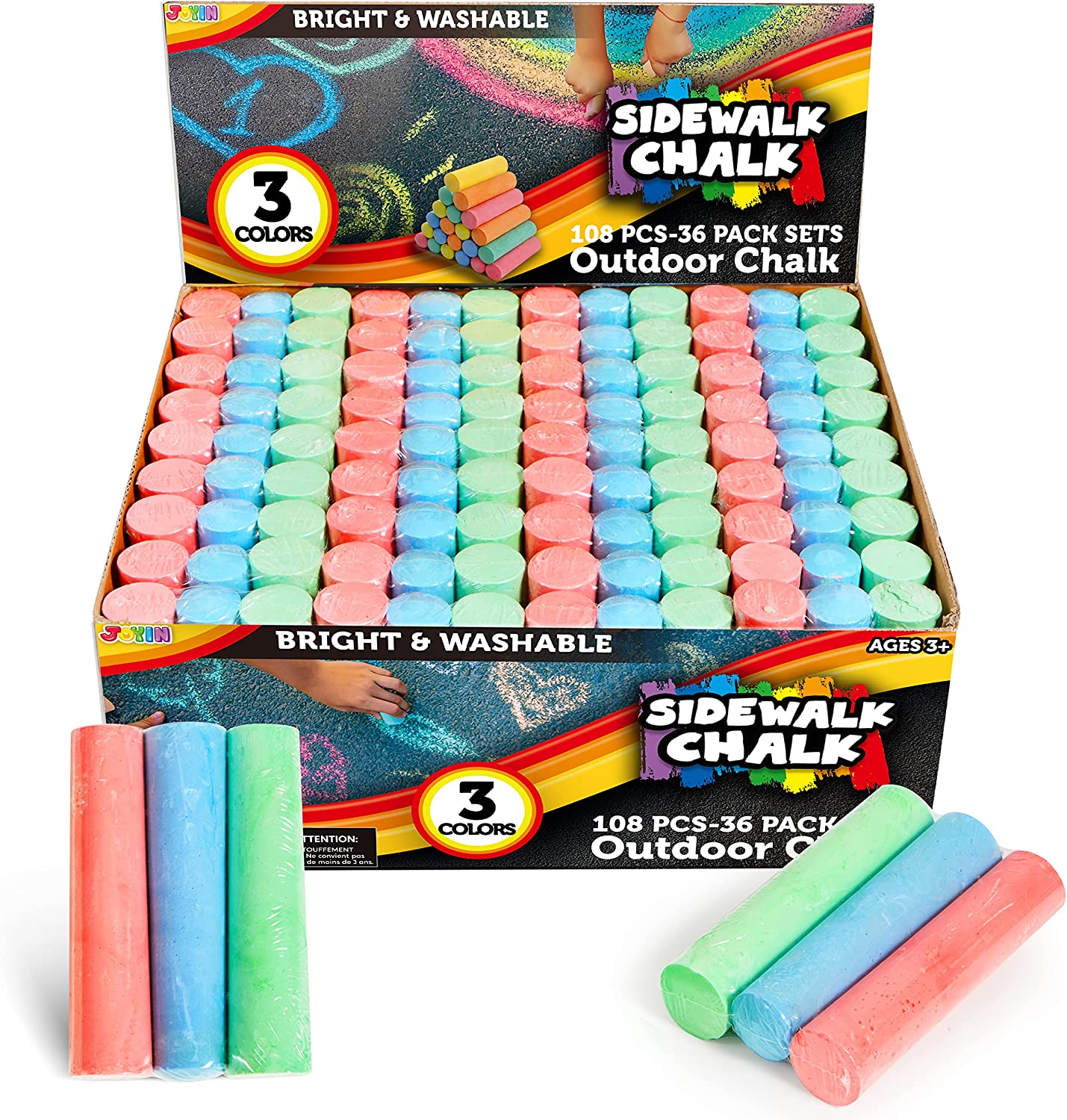 JOYIN 108 Pcs Sidewalk Chalk Set in 36 Count, 3 Assorted Colors, Non-Toxic Jumbo Washable Driveway Chalk for Outdoor Art Play, Great Gift Toys for