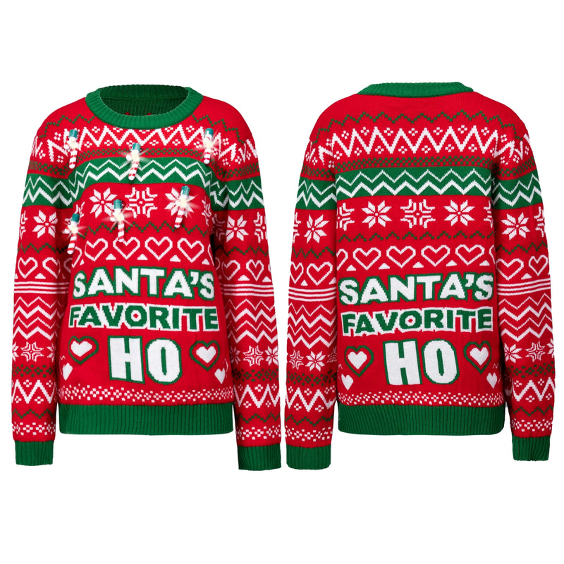 Christmas Funny Santa Pullover Long Sleeve Ugly Sweater with Candy Cane Light Bulbs