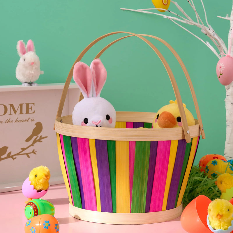 Multicolor Easter Bamboo Basket, Portable Buckets with Folding Handles