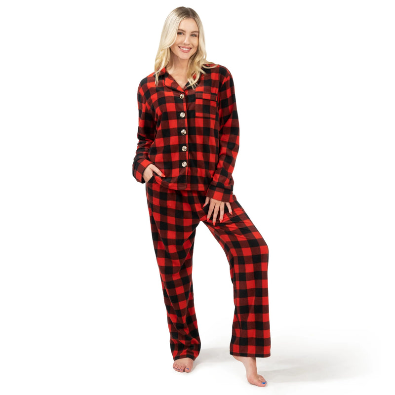 Red Classic Plaid Christmas Cozy Fleece Long Sleeve Pajamas for Women