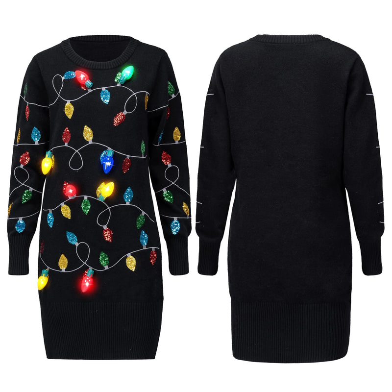 Women Black Long Christmas Sweater Dress with Colorful Light Up Bulbs