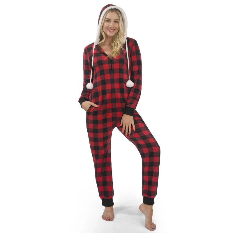 Women Red Plaid Pajamas Outfit with Hood, Flannel Sherpa Lined Hoody Pajamas