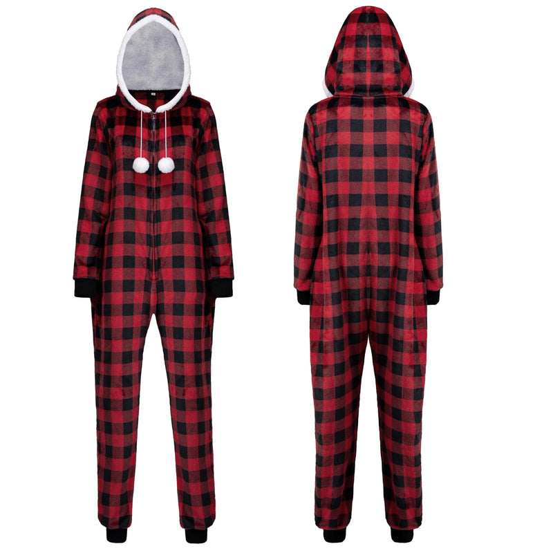 Women Red Plaid Pajamas Outfit with Hood, Flannel Sherpa Lined Hoody Pajamas