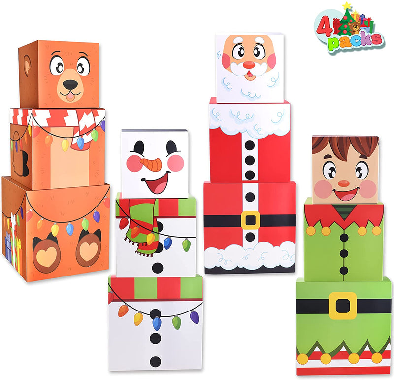 4 Christmas Characters Style Stacking Nesting Set of Boxes, 12 Pcs