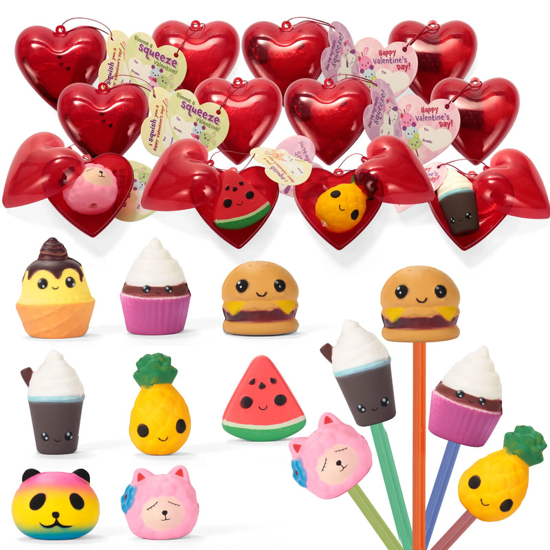 16Pcs Prefilled Hearts with Squishy Pencil Top and Valentines Day Cards for Kids-Classroom Exchange Gifts