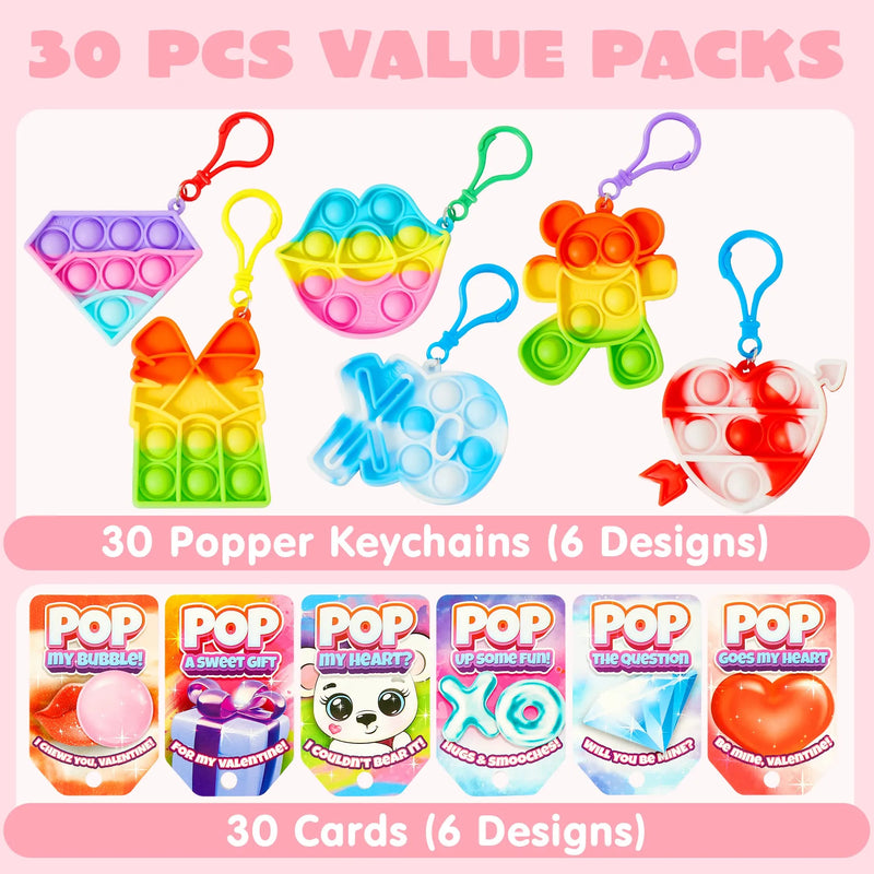 18Pcs Kids Valentines Cards with push bubble Bubble Keychain Toy-Classroom Exchange Gifts