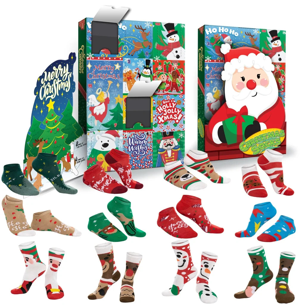 Advent Calendar Socks, 12 Packs (Santa, Snowman, Reindeer