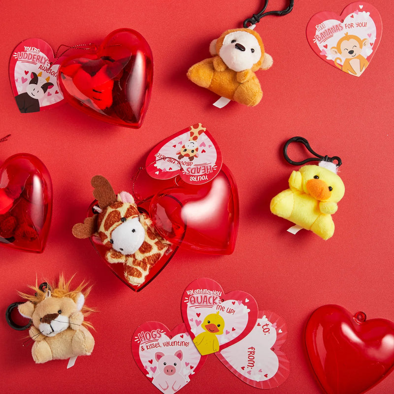 24Pcs Animal Plush Toy Key Chain filled Heart Box with Valentines Day Cards for Kids-Classroom Exchange Gifts