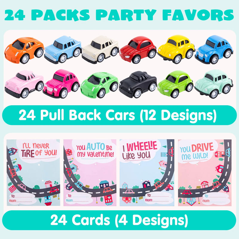 24Pcs Kids Valentines Cards with Pull Back Car Vehicle Toys-Classroom Exchange Gifts