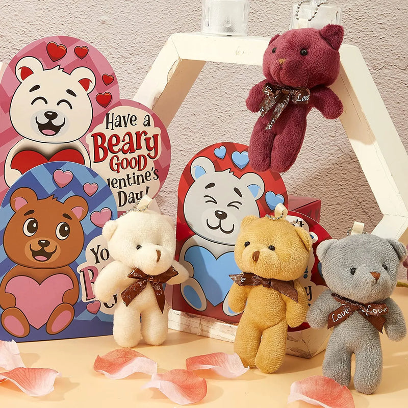 24Pcs Kids Valentines Cards with Mini Keychain Bear Plush Toys in Boxes-Classroom Exchange Gifts