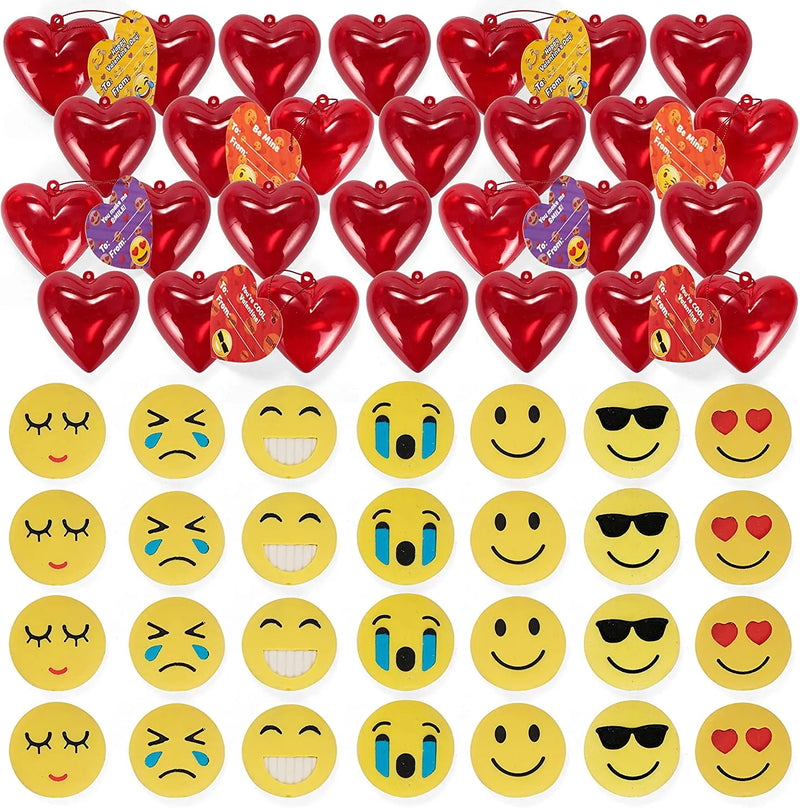 28Pcs Iconic Expression Eraser Filled Hearts Set with Valentines Day Cards for Kids-Classroom Exchange Gifts