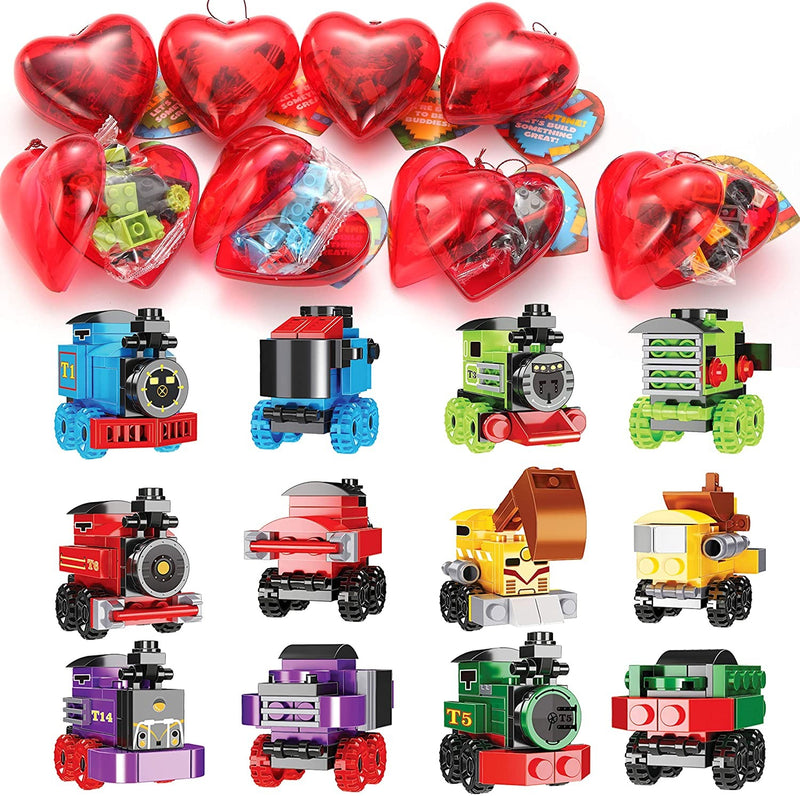 24Pcs Prefilled Hearts with Train Building Blocks and Valentines Day Cards for Kids-Classroom Exchange Gifts