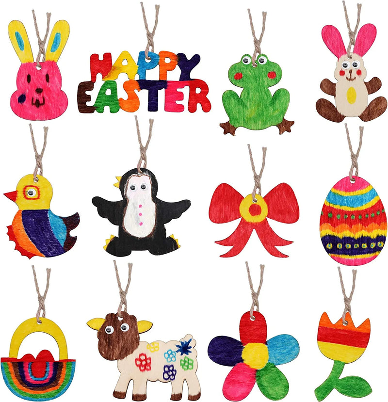 188Pcs Unfinished Wood Easter Ornaments Shape Cutouts with Holes Hang Tags