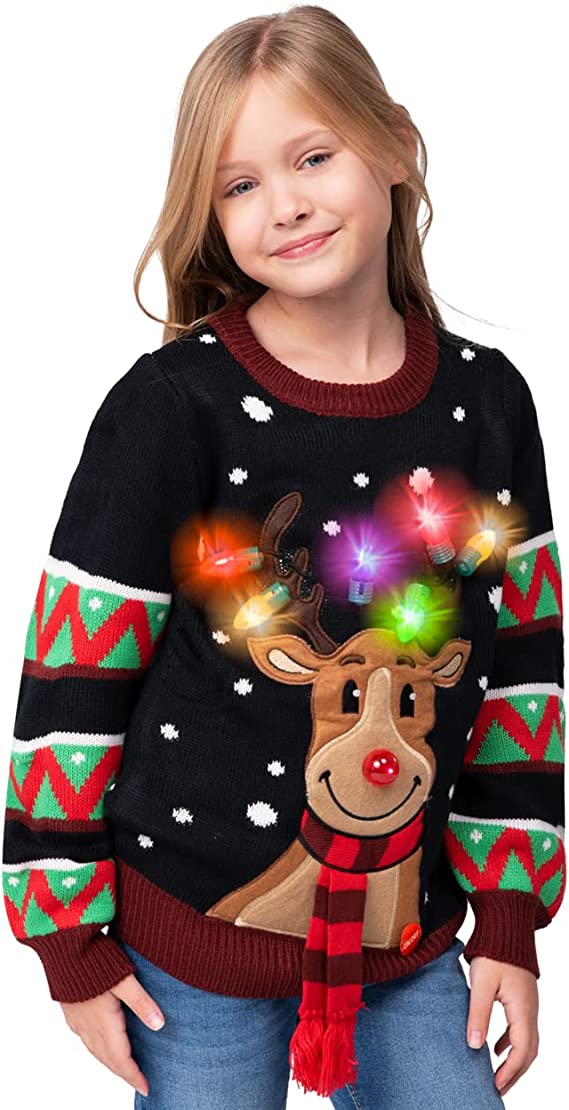 Kid Reindeer Ugly Black Sweater with Light Bulbs