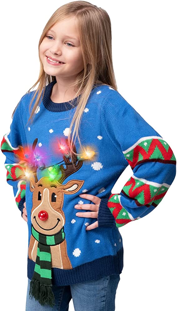 Kid Reindeer Ugly Blue Sweater with Light Bulbs