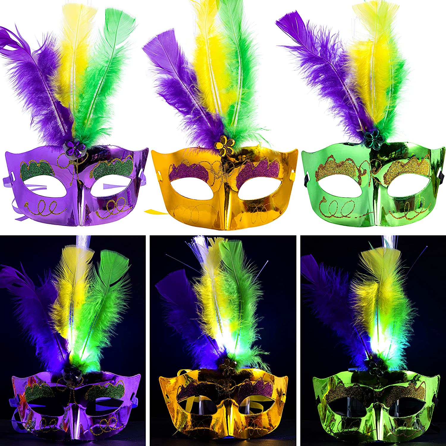 Mardi Gras Mask Carnival Masquerade Mask, 72 Inch Mardi Gras Feather Boa,  33 Inch 7 mm Metallic Purple Yellow Green Bead Necklace, Mardi Gras