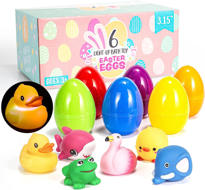 6Pcs Light Up Bath Toys with 3.2in Prefilled Easter Eggs for Easter Egg Hunt