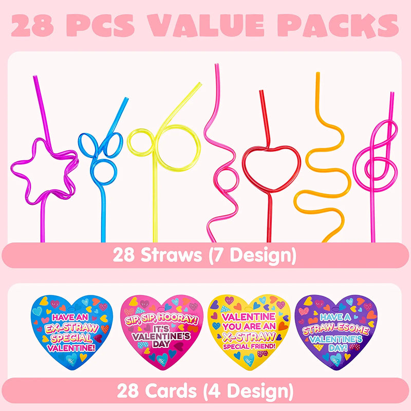 28Pcs Kids Valentines Cards with Gift Colorful Crazy Loop Reusable Drinking Straws-Classroom Exchange Gifts