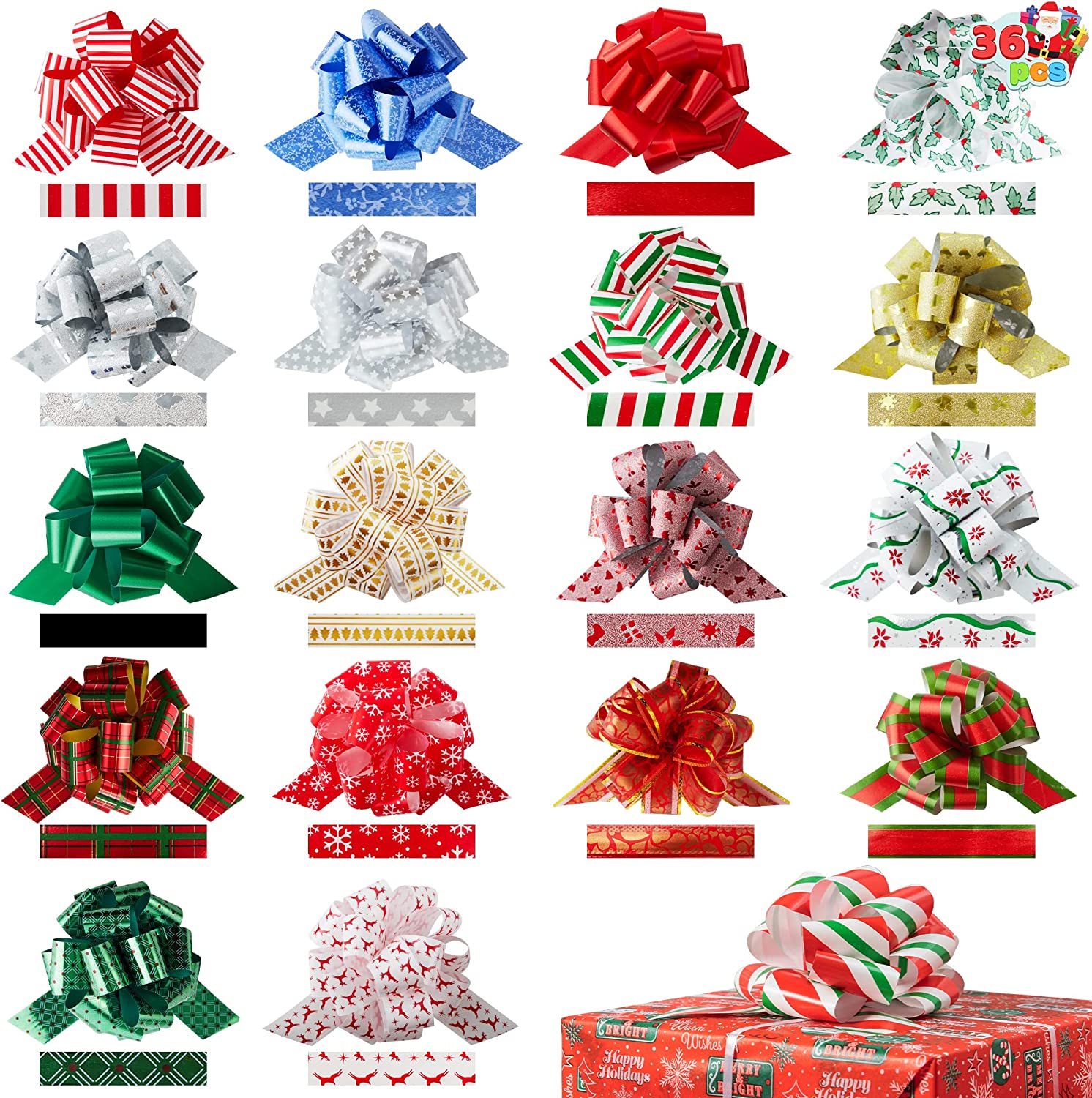 JOYIN 36 PCS Christmas Gift Wrap with Ribbon Pull Bows 4.7, Pull Bows for  Gift Wrapping, Easy and Fast Wrapping Accessory for Xmas, Baskets, Wine