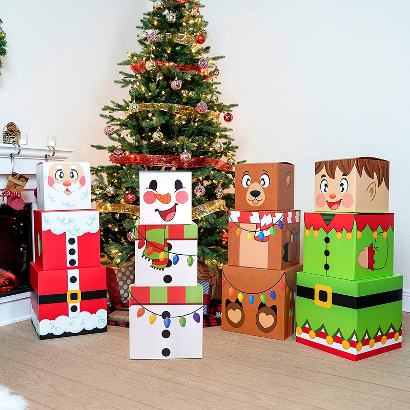 4 Christmas Characters Style Stacking Nesting Set of Boxes, 12 Pcs