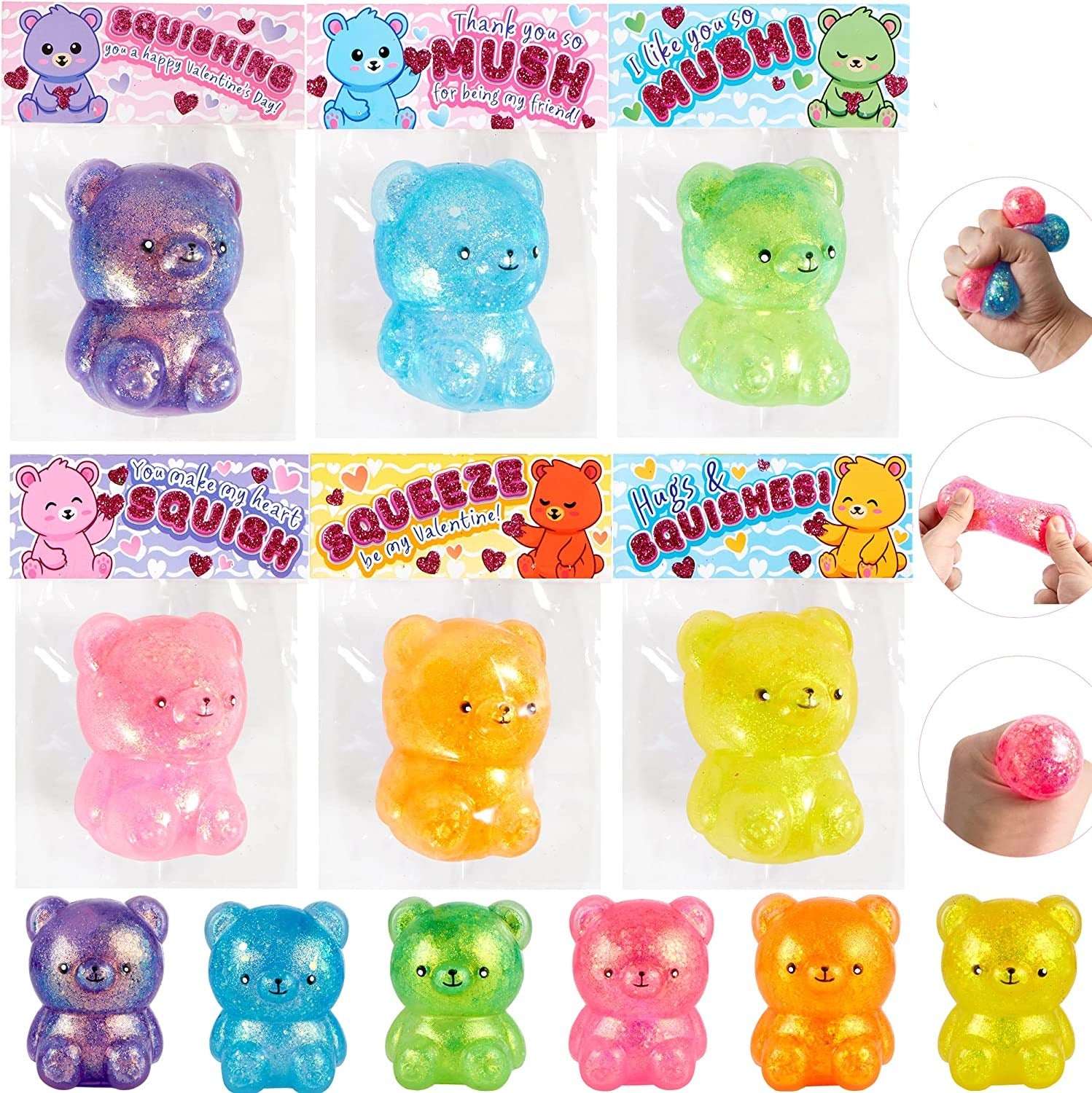 24Pcs Valentines Day Squishy Bear Toys with Valentines Day Cards for  Kids-Classroom Exchange Gifts