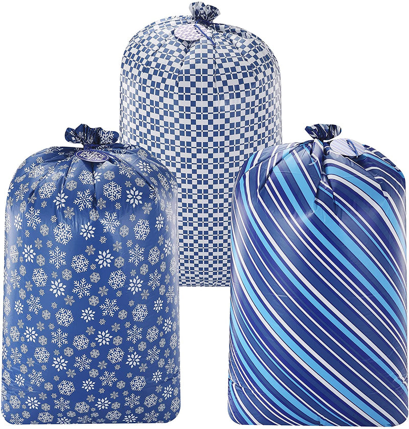 Large Holiday Plastic Gift Bags (Blue), 3 Pcs