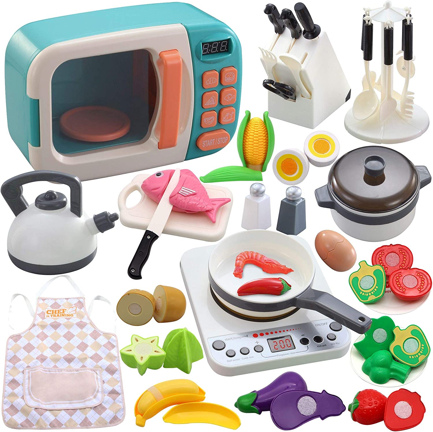 Cute Stone CUTE STONE Microwave Toys Kitchen Play Set,Kids Pretend Play  Electronic Oven with Play Food,Cookware Pot and Pan Toy Set