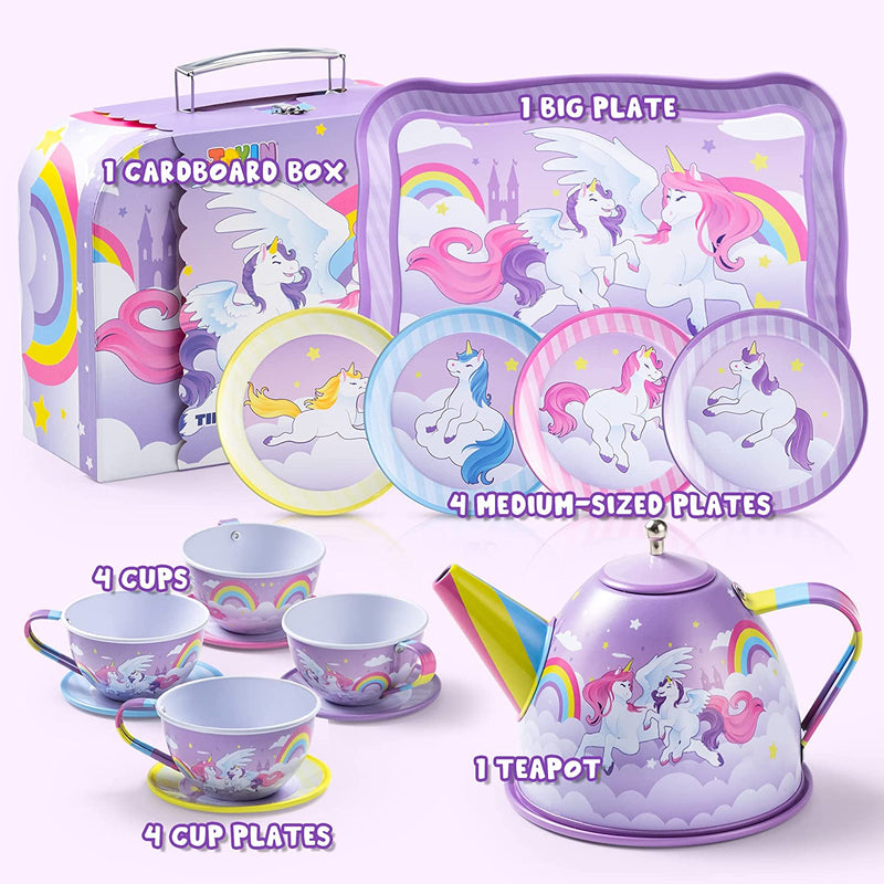 Purple Unicorn Castle Pretend Tin Teapot Set