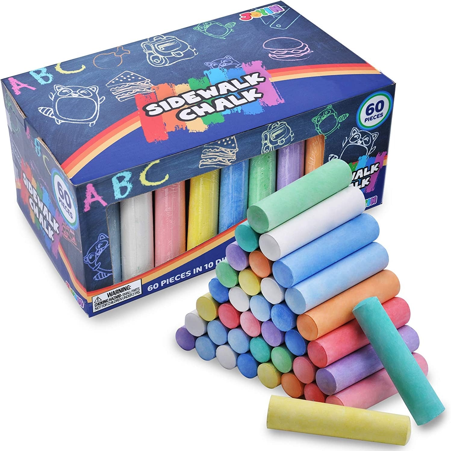 JOYIN 60 Pcs Non-Toxic Washable Outdoor Jumbo Sidewalk Chalk Set (10 Colors) for Painting on Chalkboard Art Play and Playground Toy