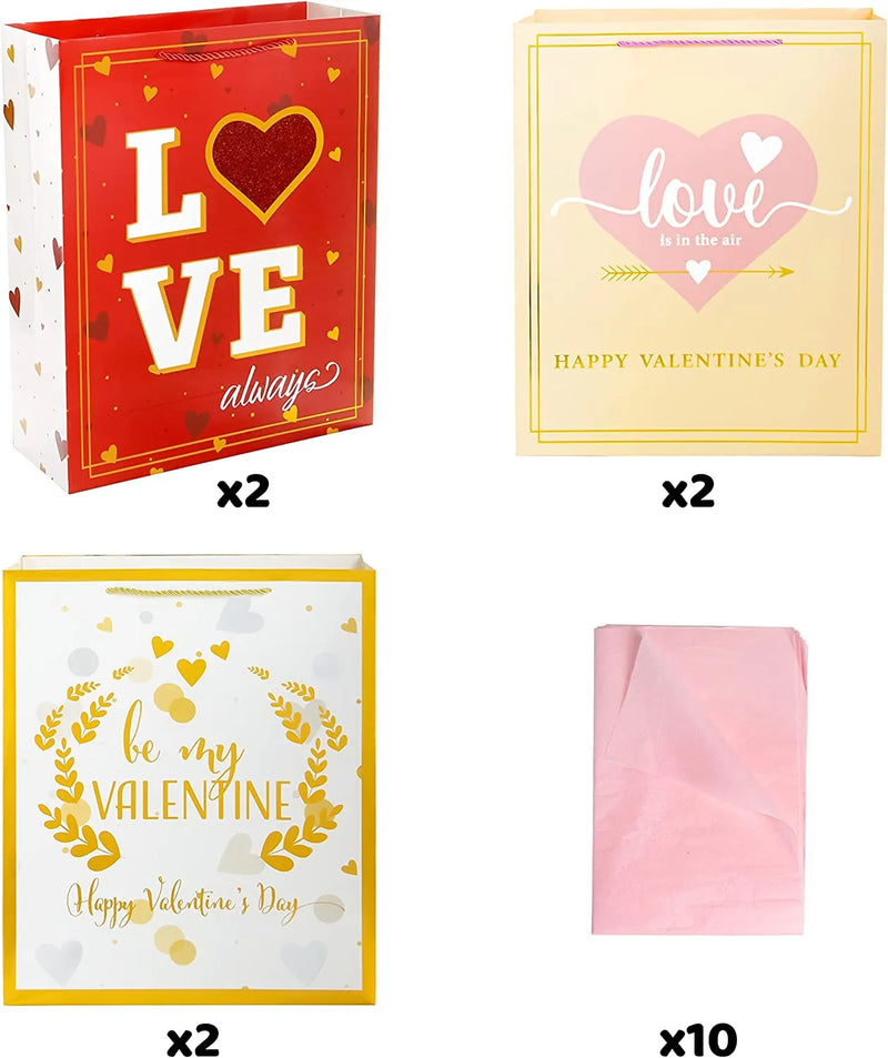 6Pcs Valentines Day Super Large Gift Bags with Tissue Papers