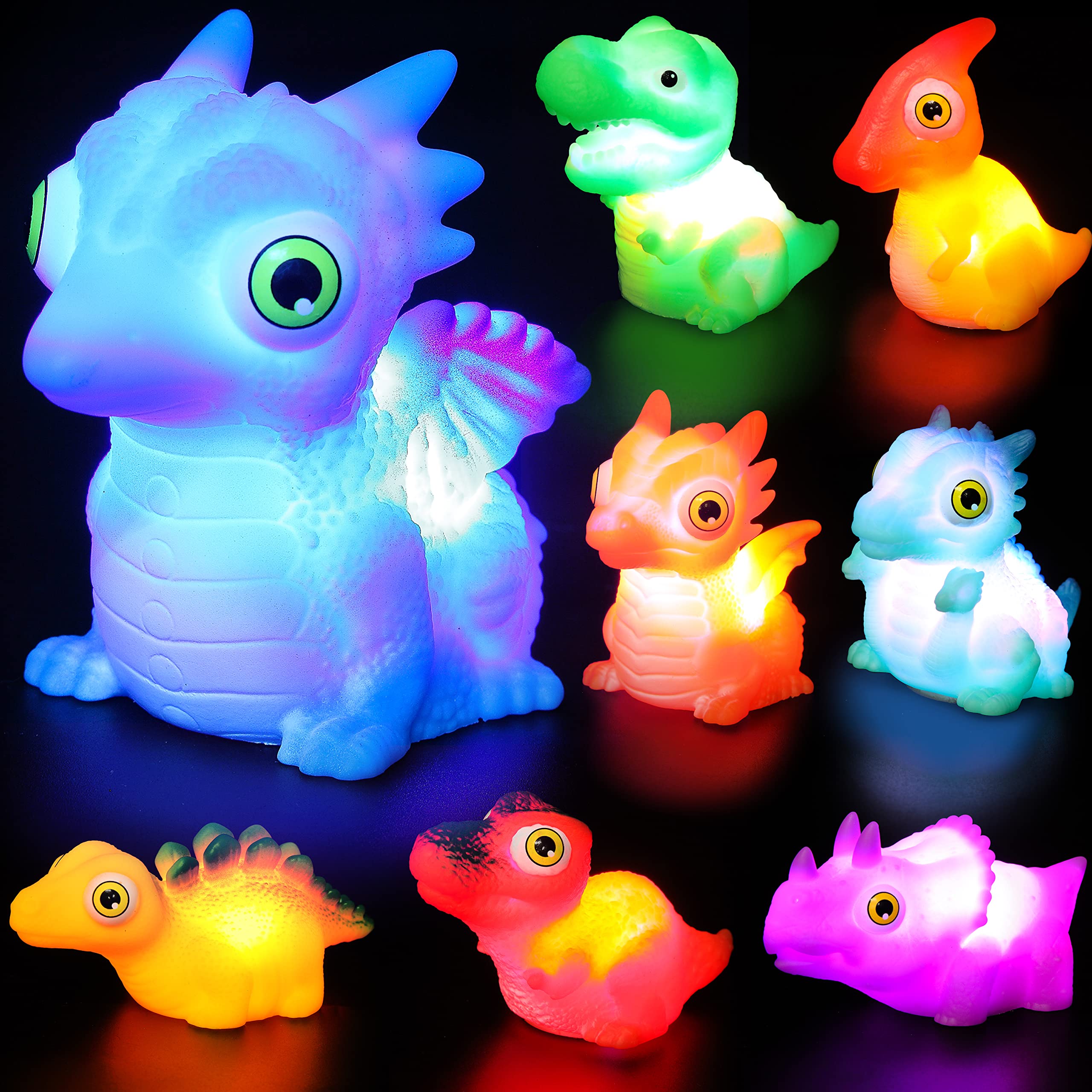 JOYIN 8pcs Light Up Dinosaur Toys, Baby Bath Toy, Toddler Flashing Colourful LED Bathtub Toy, Bathtime Floating Soft Rubber Toy for Infant Boy Girl