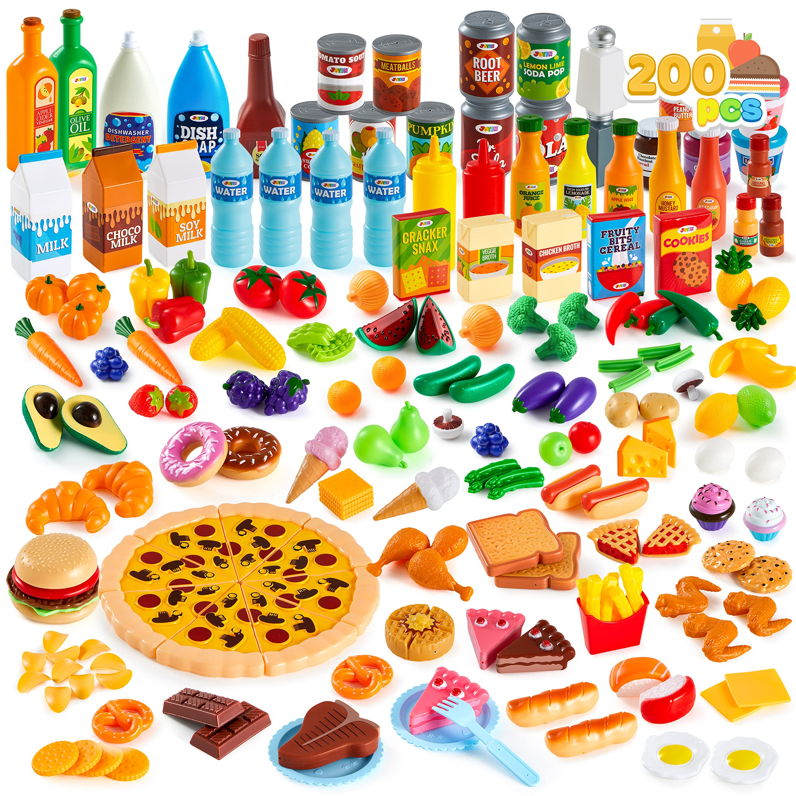 JOYIN 135 Pieces Kids Play Food Set, Value Pretend Food for Play Kitchen with Fruit, Vegetable, Food Can, Dessert, Tableware, Bottles, Dramatic