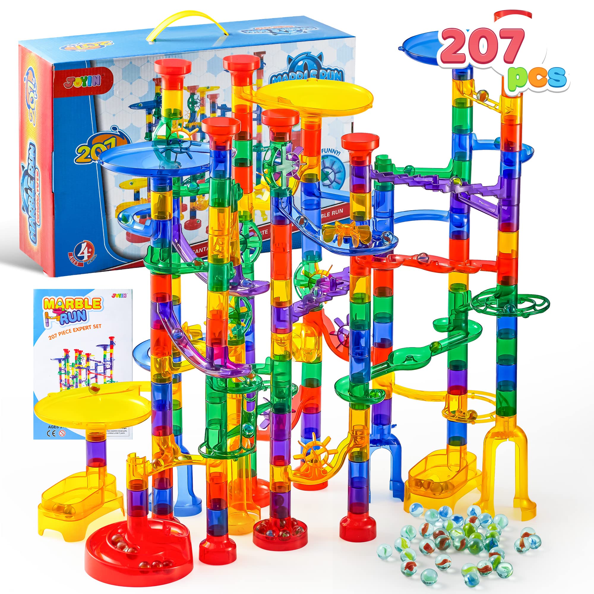 JOYIN 207pcs Marble Run Premium Toy Set Construction Building Blocks Toys Stem Educational Building Block Toy(147 Plastic Pieces + 60 Glass Marbles)