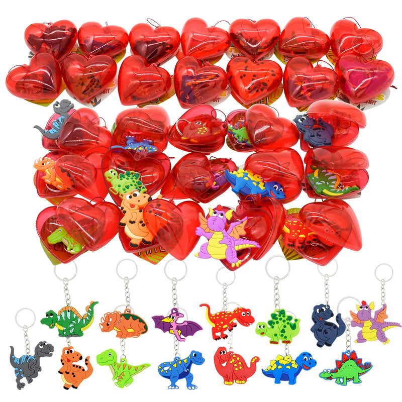28Pcs Dinosaur Keychain Filled Hearts with Valentines Day Cards for Kids-Classroom Exchange Gifts