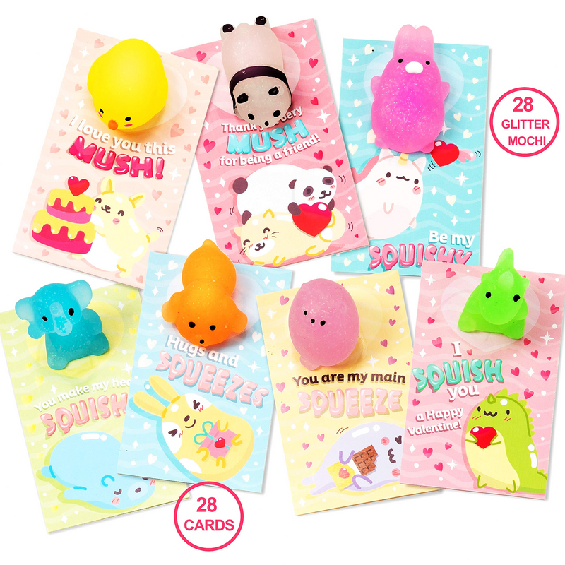 28Pcs Glitter Mochi Squishy Toys with Kids Valentines Cards for Classroom Exchange