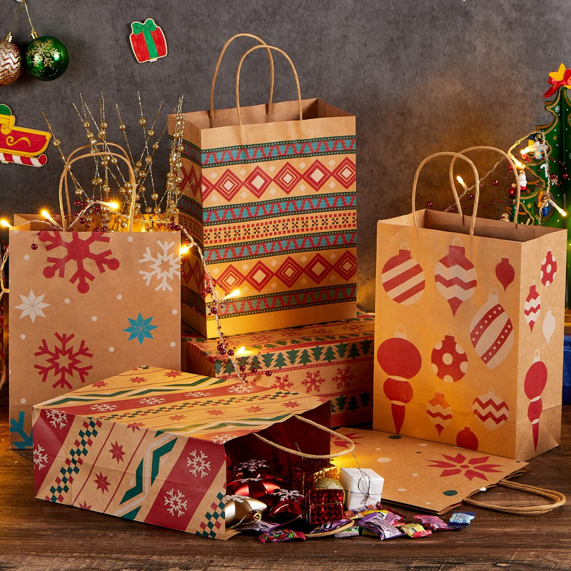 24Pcs Christmas Kraft Gift Bags with Assorted Christmas Prints