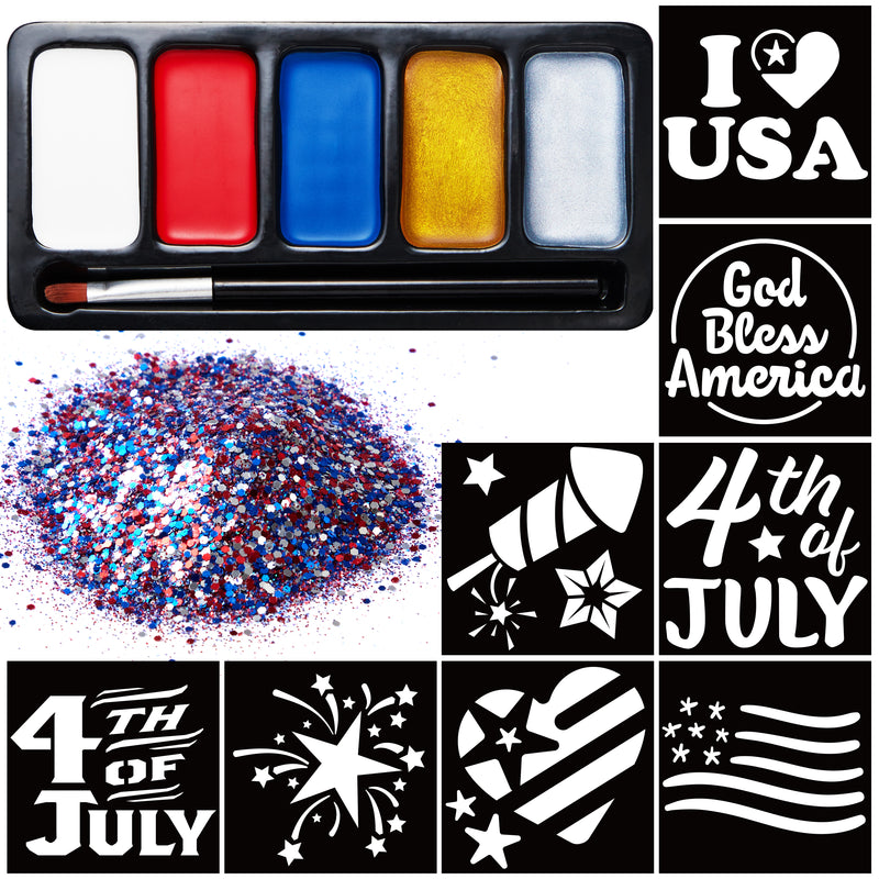 5 Colors Patriotic Face Paint Kit with Glitter and 16Pcs Stencils Sticker