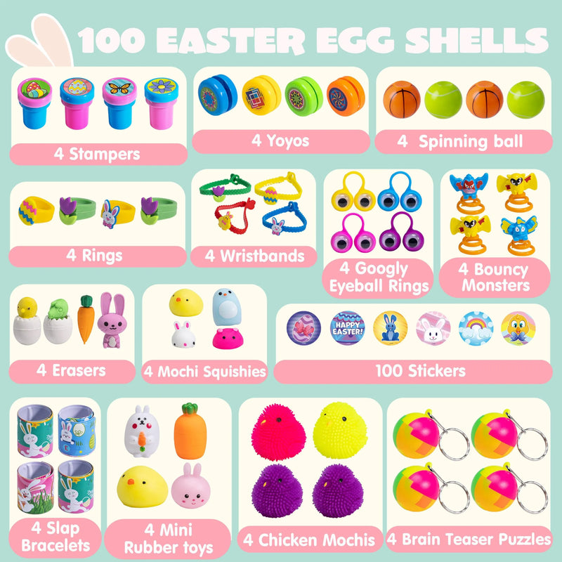 100Pcs Assorted Toys Plus Stickers Prefilled Easter Eggs 2.4in