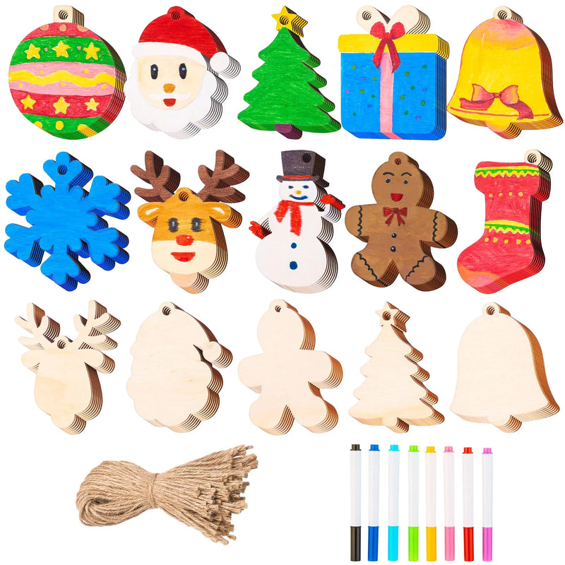 100 Pcs Christmas Wooden Hanging Ornaments with 8 Colored Pens