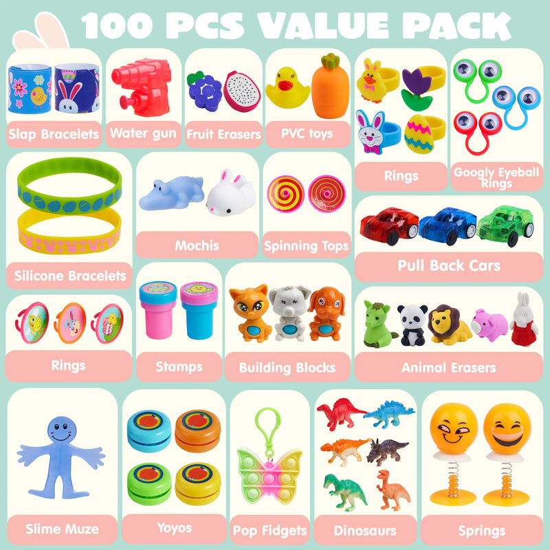 100Pcs Prefilled Printed Eggs with Toys Plus Stickers Inside, Stuffed Eggs for Easter Egg Hunt